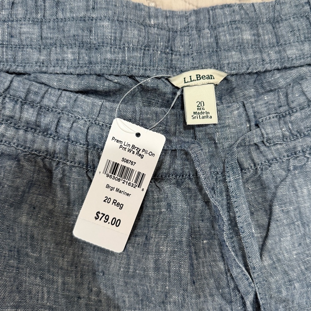 NWT L.L. Bean 100% Linen Pants Size 20 Blue Drawstring Elastic Waist Relaxed - Picture 2 of 10